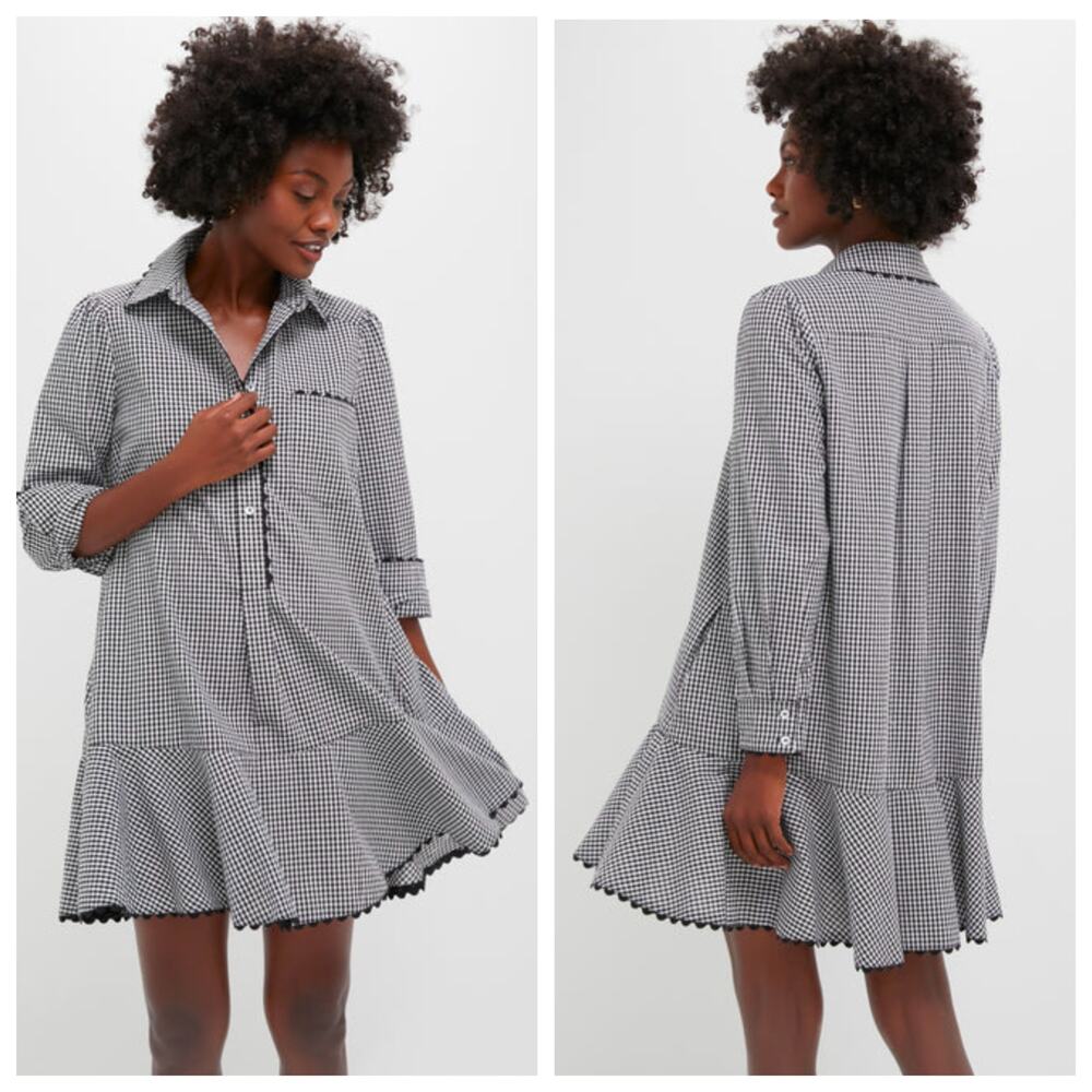 Tuckernuck Gingham Shirt Dress Black White Mini Ruffle Hem L NWT